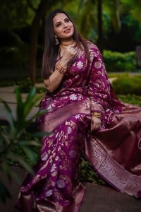 Wine Banarasi Soft Silk Saree with All-Over Silver and Copper Floral Jaal  in Surat