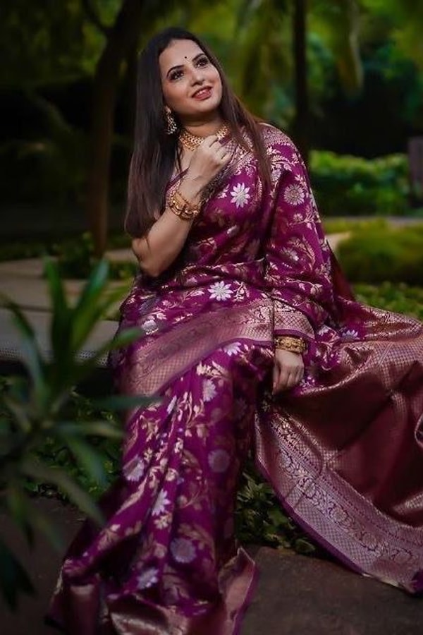 Wine Banarasi Soft Silk Saree with All-Over Silver and Copper Floral Jaal  in Surat