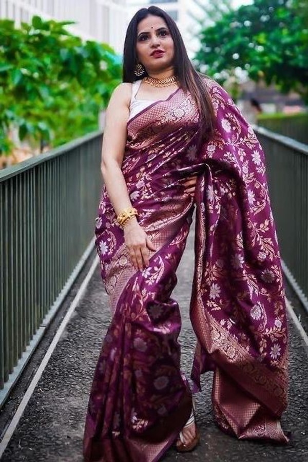 Wine Banarasi Soft Silk Saree with All-Over Silver and Copper Floral Jaal  in Surat