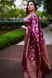 Wine Banarasi Soft Silk Saree with All-Over Silver and Copper Floral Jaal  in Surat