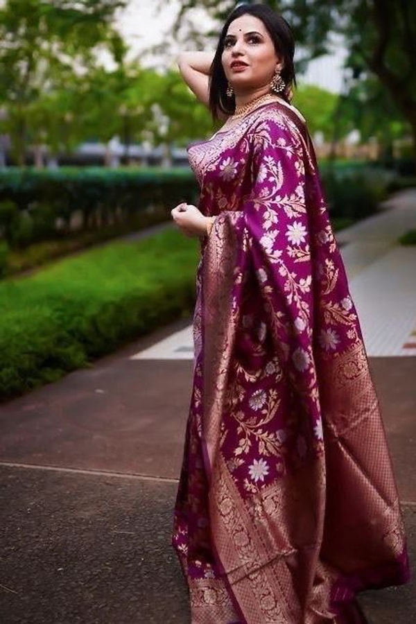 Wine Banarasi Soft Silk Saree with All-Over Silver and Copper Floral Jaal  in Surat