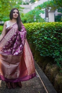 Wine Banarasi Soft Silk Saree with All-Over Silver and Copper Floral Jaal  in Surat