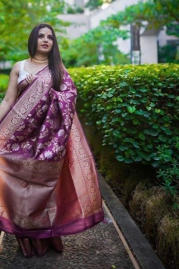 Wine Banarasi Soft Silk Saree with All-Over Silver and Copper Floral Jaal  in Surat