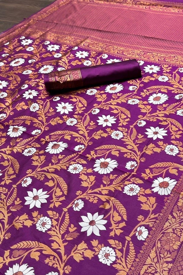 Wine Banarasi Soft Silk Saree with All-Over Silver and Copper Floral Jaal  in Surat