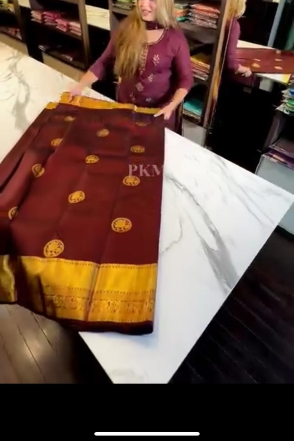 Wine Banarasi Soft Silk Saree with Gold Coin Buttas, Chakra Motif and Mustard Gold Pallu  in Surat