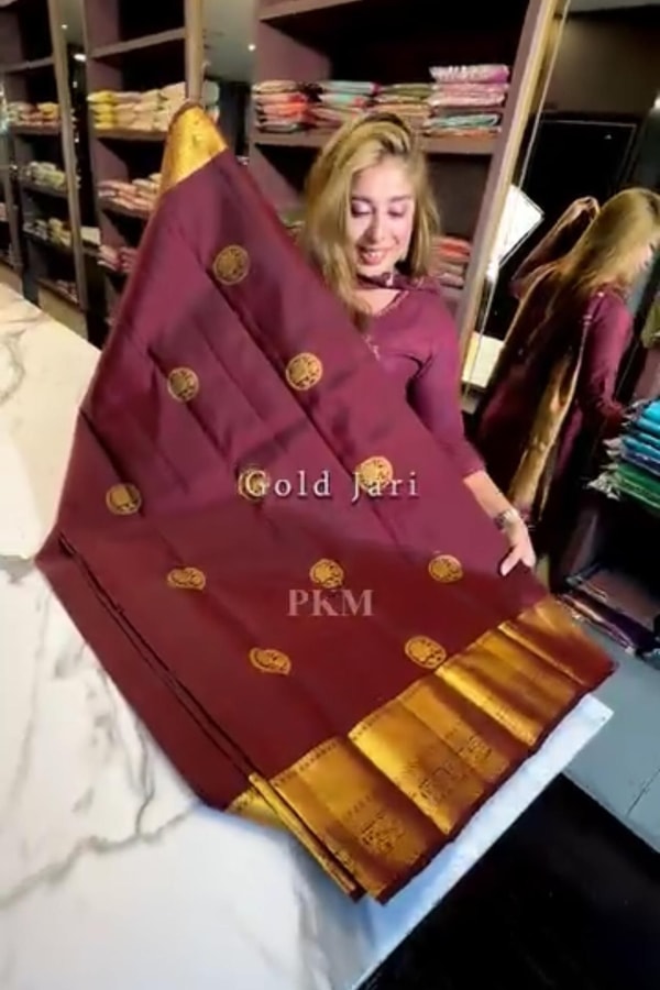 Wine Banarasi Soft Silk Saree with Gold Coin Buttas, Chakra Motif and Mustard Gold Pallu  in Surat