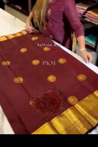 Wine Banarasi Soft Silk Saree with Gold Coin Buttas, Chakra Motif and Mustard Gold Pallu  in Surat