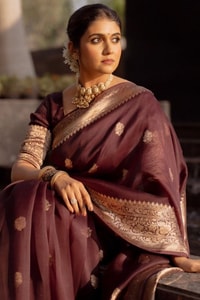 Wine Banarasi Soft Silk Saree with Scattered Gold Zari Buttis and Broad Antique Gold Border  in Surat