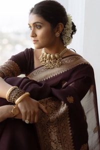 Wine Banarasi Soft Silk Saree with Scattered Gold Zari Buttis and Broad Antique Gold Border  in Surat