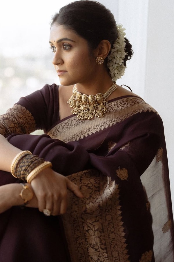 Wine Banarasi Soft Silk Saree with Scattered Gold Zari Buttis and Broad Antique Gold Border  in Surat