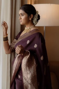 Wine Banarasi Soft Silk Saree with Scattered Gold Zari Buttis and Broad Antique Gold Border  in Surat