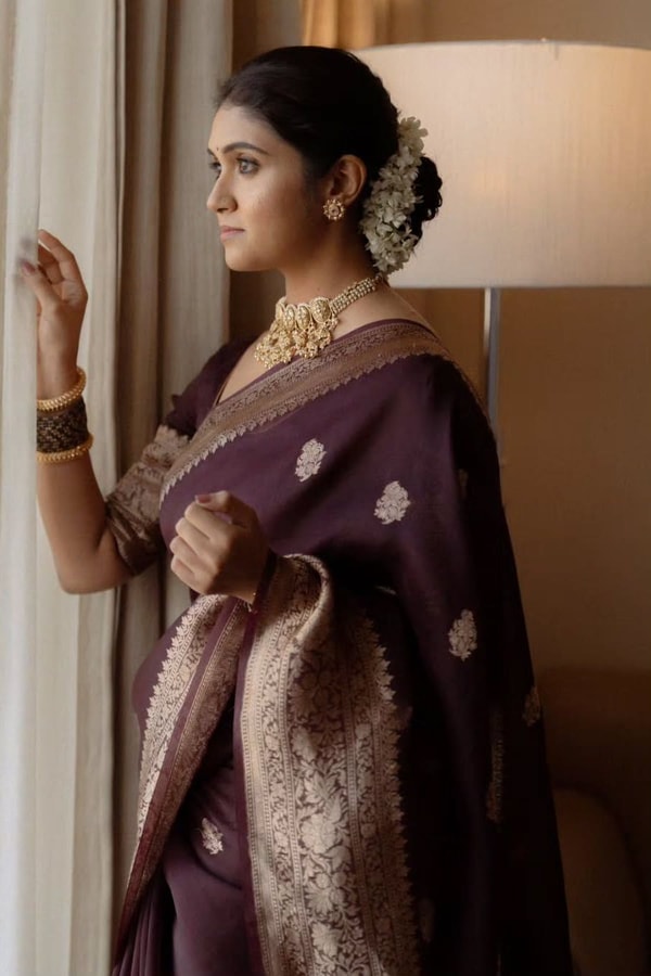 Wine Banarasi Soft Silk Saree with Scattered Gold Zari Buttis and Broad Antique Gold Border  in Surat