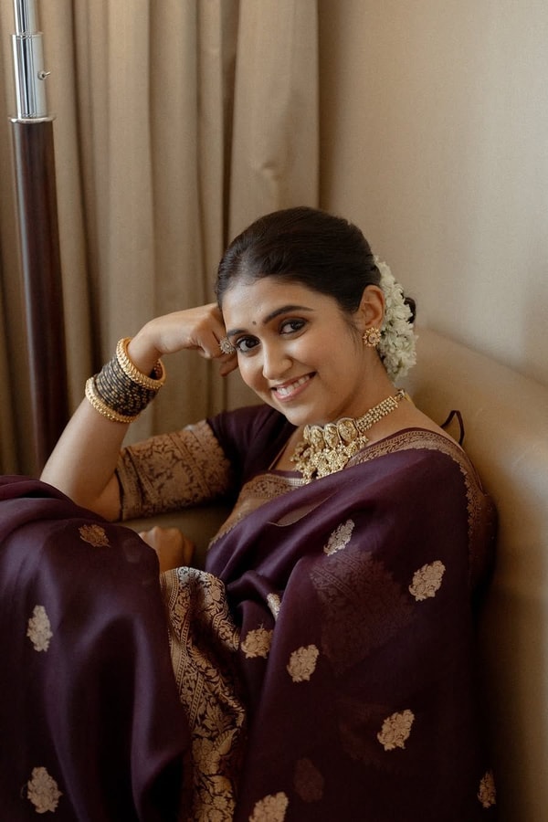 Wine Banarasi Soft Silk Saree with Scattered Gold Zari Buttis and Broad Antique Gold Border  in Surat