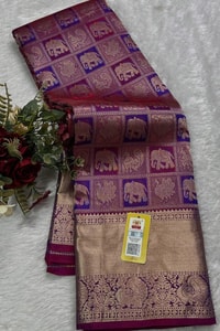 Wine Checked Banarasi Soft Silk Saree with Big Paisley Zari Pallu and Purple Accents  in Surat