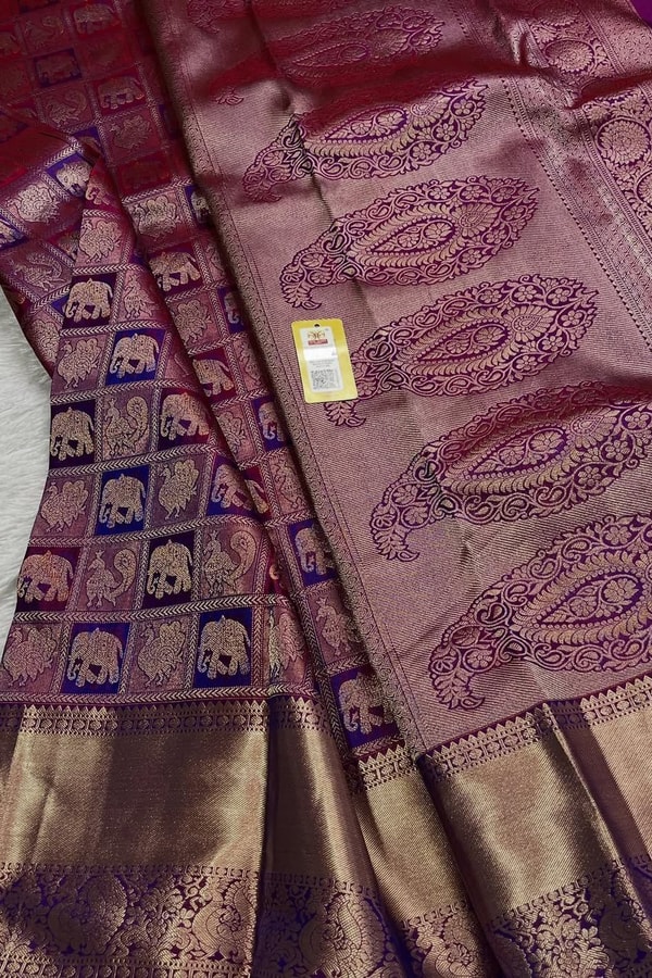Wine Checked Banarasi Soft Silk Saree with Big Paisley Zari Pallu and Purple Accents  in Surat