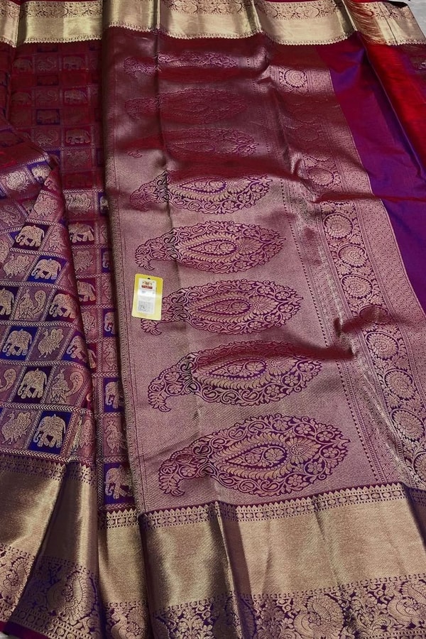 Wine Checked Banarasi Soft Silk Saree with Big Paisley Zari Pallu and Purple Accents  in Surat