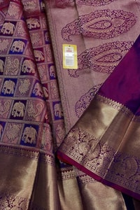Wine Checked Banarasi Soft Silk Saree with Big Paisley Zari Pallu and Purple Accents  in Surat