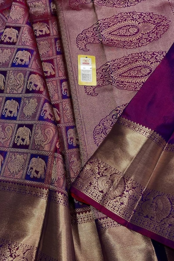 Wine Checked Banarasi Soft Silk Saree with Big Paisley Zari Pallu and Purple Accents  in Surat