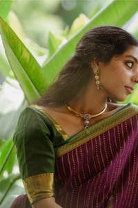 Wine Pinstripe Banarasi Soft Silk Saree with Contrast Green Zari Border and Striped Pallu  in Surat