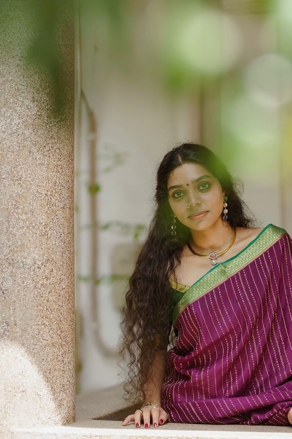Wine Pinstripe Banarasi Soft Silk Saree with Contrast Green Zari Border and Striped Pallu  in Surat