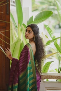 Wine Pinstripe Banarasi Soft Silk Saree with Contrast Green Zari Border and Striped Pallu  in Surat