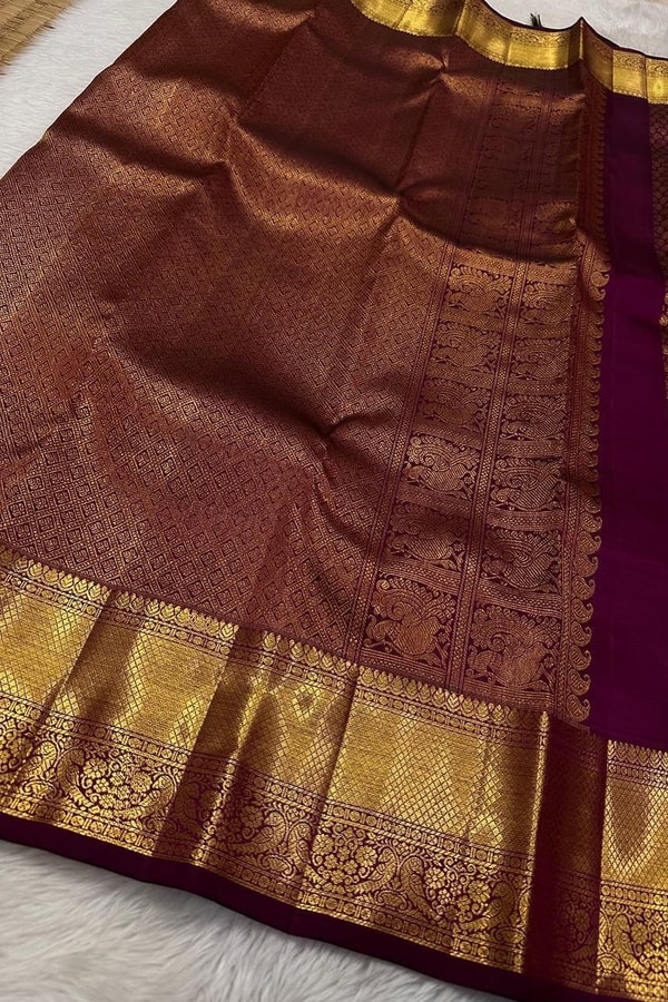 Wine Purple Banarasi Soft Silk Saree with Dense Zari Brocade Body and Broad Gold Border  in Surat