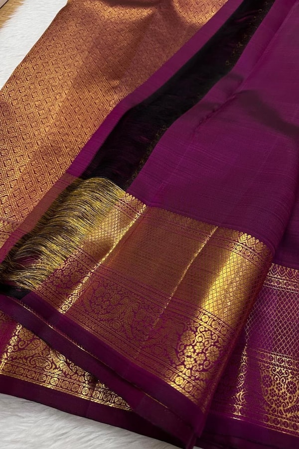 Wine Purple Banarasi Soft Silk Saree with Dense Zari Brocade Body and Broad Gold Border  in Surat