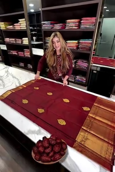 Wine Red Banarasi Soft Silk Saree with Scattered Gold Zari Florets and Gold Brocade Pallu in Surat