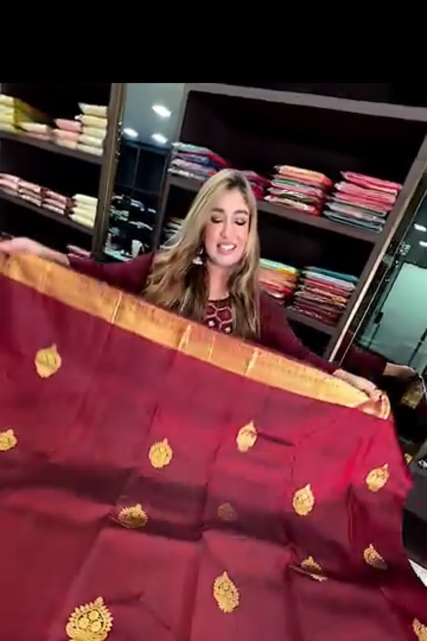Wine Red Banarasi Soft Silk Saree with Scattered Gold Zari Florets and Gold Brocade Pallu  in Surat