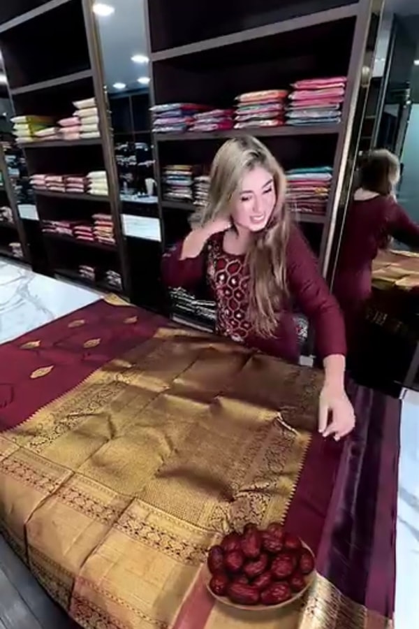 Wine Red Banarasi Soft Silk Saree with Scattered Gold Zari Florets and Gold Brocade Pallu  in Surat