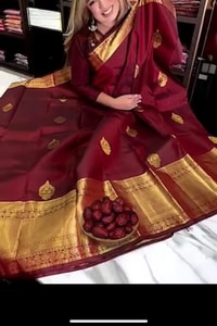 Wine Red Banarasi Soft Silk Saree with Scattered Gold Zari Florets and Gold Brocade Pallu  in Surat