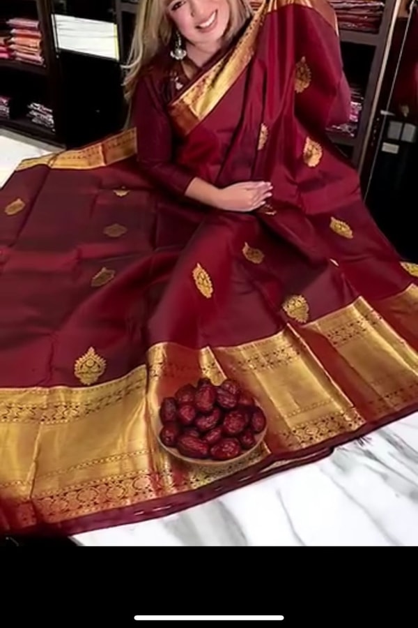 Wine Red Banarasi Soft Silk Saree with Scattered Gold Zari Florets and Gold Brocade Pallu  in Surat