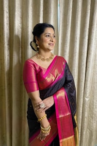 Wine and Black Banarasi Soft Silk Saree with Contrast Zari Border in Four Colour Pairings  in Surat
