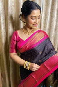 Wine and Black Banarasi Soft Silk Saree with Contrast Zari Border in Four Colour Pairings  in Surat