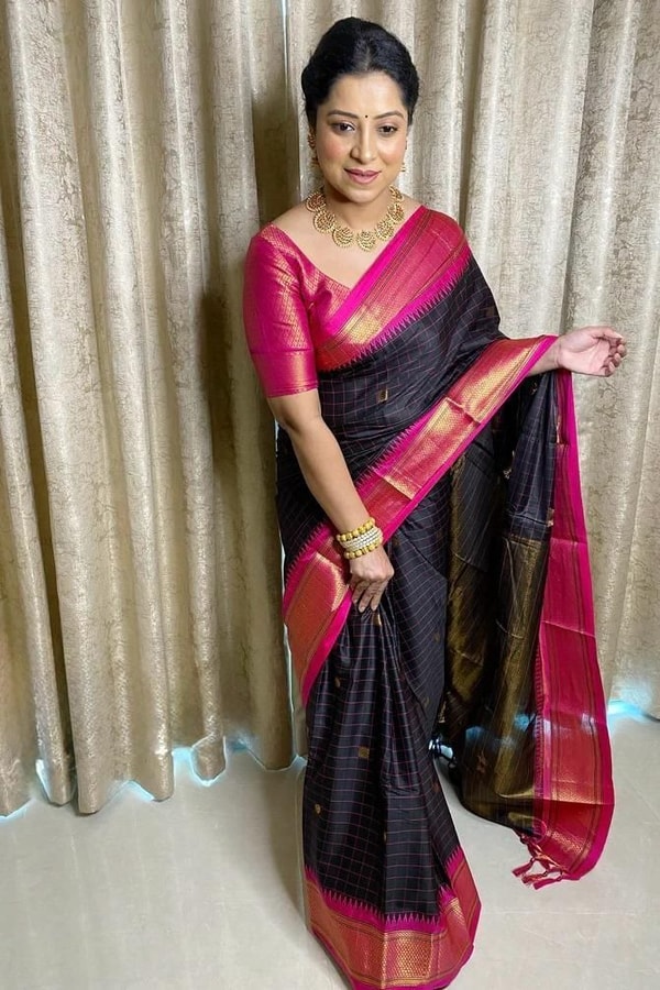 Wine and Black Banarasi Soft Silk Saree with Contrast Zari Border in Four Colour Pairings  in Surat