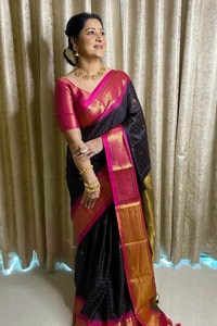 Wine and Black Banarasi Soft Silk Saree with Contrast Zari Border in Four Colour Pairings  in Surat