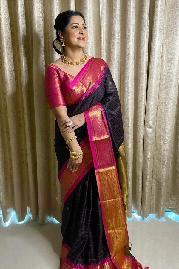 Wine and Black Banarasi Soft Silk Saree with Contrast Zari Border in Four Colour Pairings  in Surat
