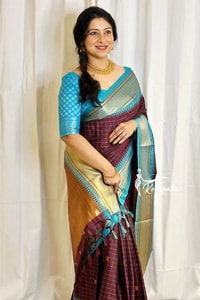 Wine and Black Banarasi Soft Silk Saree with Contrast Zari Border in Four Colour Pairings  in Surat