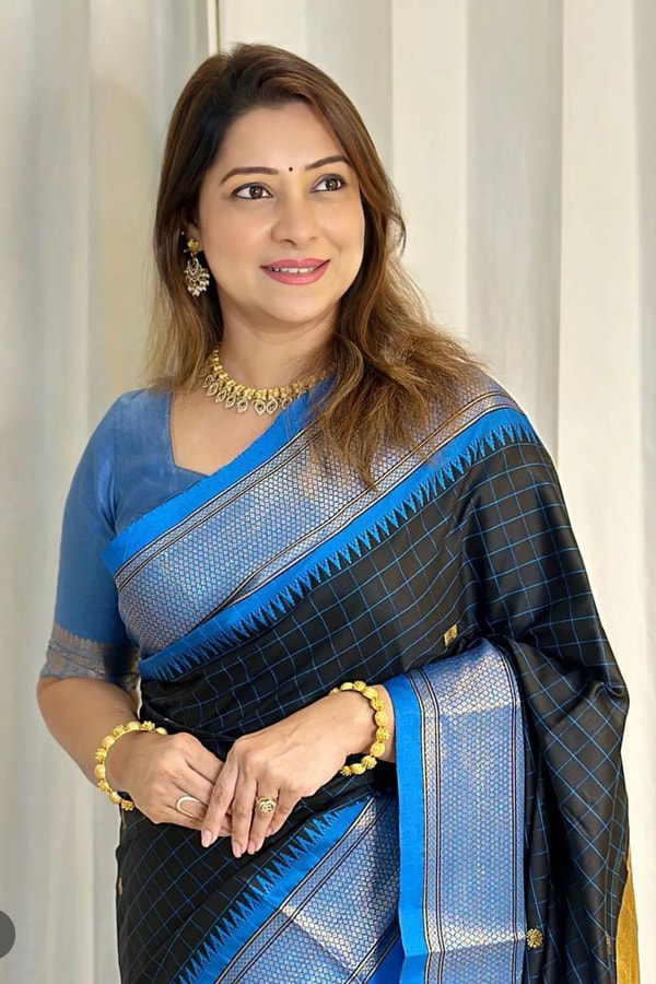 Wine and Black Banarasi Soft Silk Saree with Contrast Zari Border in Four Colour Pairings  in Surat