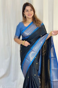 Wine and Black Banarasi Soft Silk Saree with Contrast Zari Border in Four Colour Pairings  in Surat