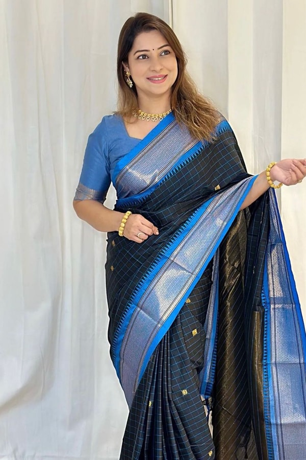 Wine and Black Banarasi Soft Silk Saree with Contrast Zari Border in Four Colour Pairings  in Surat