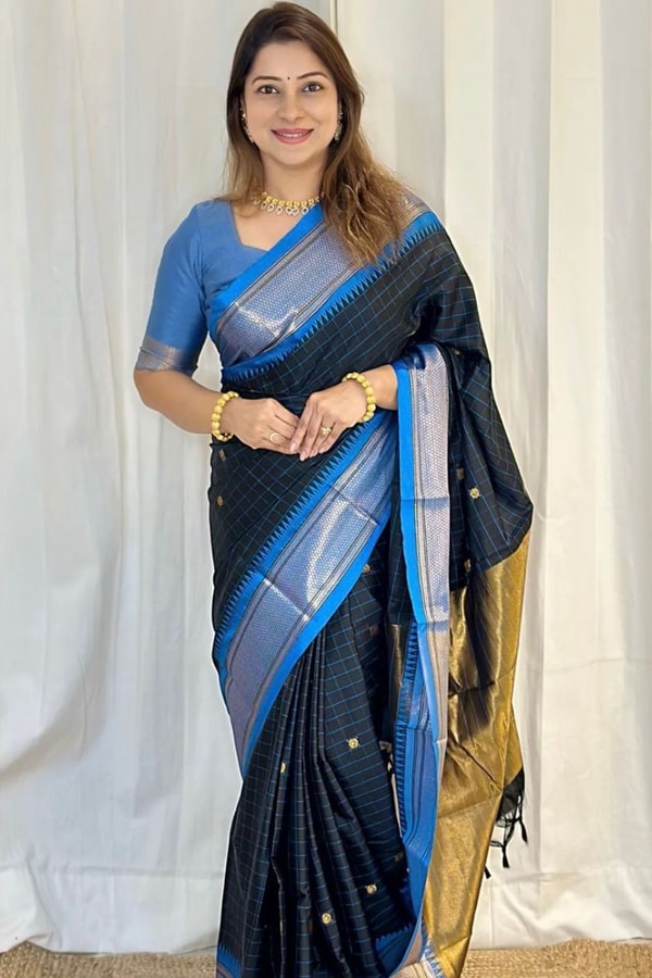 Wine and Black Banarasi Soft Silk Saree with Contrast Zari Border in Four Colour Pairings  in Surat