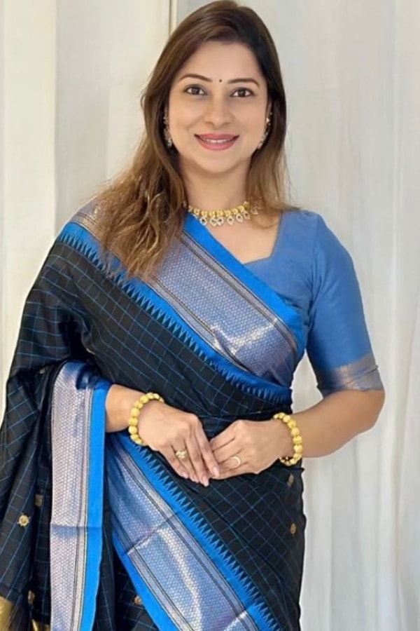 Wine and Black Banarasi Soft Silk Saree with Contrast Zari Border in Four Colour Pairings  in Surat
