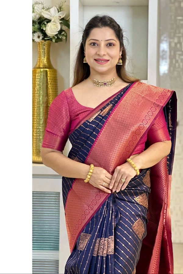 Woven Stripe Banarasi Soft Silk Saree with Contrast Zari Pallu in Magenta, Navy and Sky Blue  in Surat