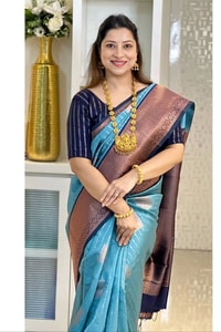 Woven Stripe Banarasi Soft Silk Saree with Contrast Zari Pallu in Magenta, Navy and Sky Blue  in Surat