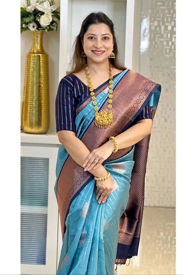 Woven Stripe Banarasi Soft Silk Saree with Contrast Zari Pallu in Magenta, Navy and Sky Blue  in Surat