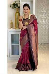Woven Stripe Banarasi Soft Silk Saree with Contrast Zari Pallu in Magenta, Navy and Sky Blue  in Surat