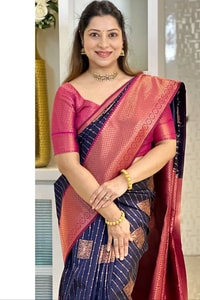 Woven Stripe Banarasi Soft Silk Saree with Contrast Zari Pallu in Magenta, Navy and Sky Blue  in Surat