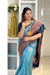 Woven Stripe Banarasi Soft Silk Saree with Contrast Zari Pallu in Magenta, Navy and Sky Blue  in Surat