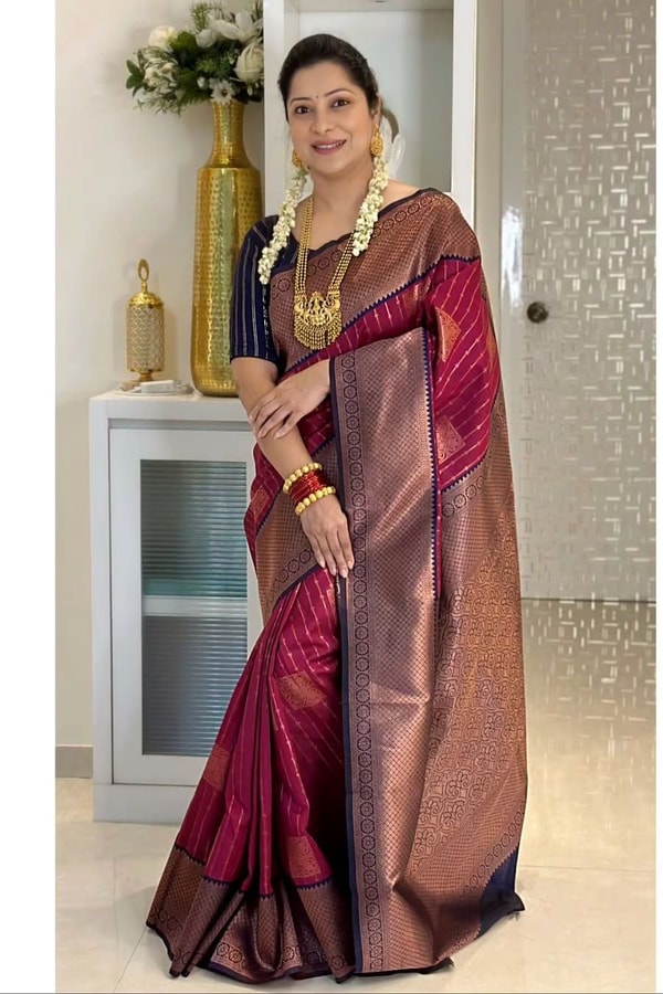 Woven Stripe Banarasi Soft Silk Saree with Contrast Zari Pallu in Magenta, Navy and Sky Blue  in Surat